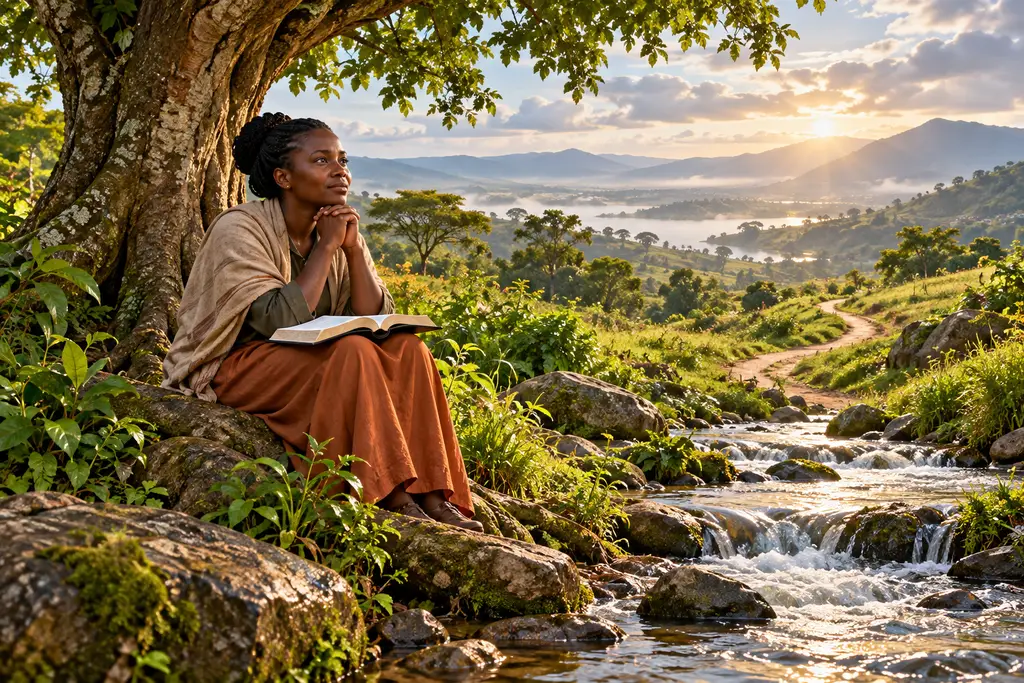 Msomaji wa Afrika Mashariki akiwa na Biblia iliyo wazi karibu na mti wenye majani na kijito, huku njia ikielekea kwenye vilima vyenye mwanga.