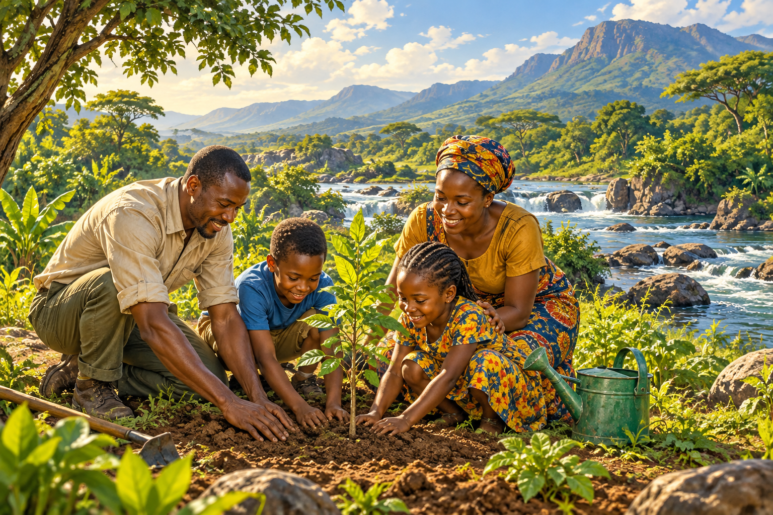 Familia ikipanda mti kando ya mto, ikionyesha kutunza uumbaji wa Mungu.